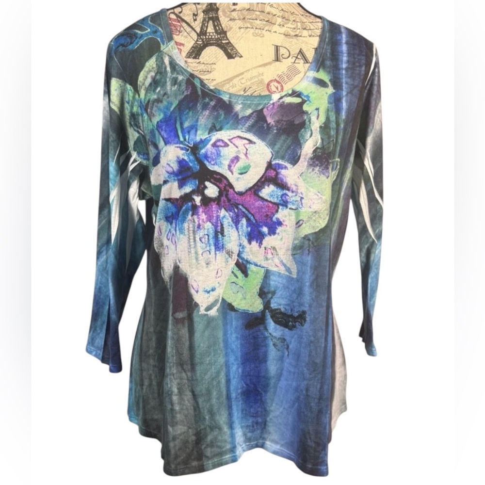Cold water Creek USA Chic Blue Multicolor Floral Top Size Large